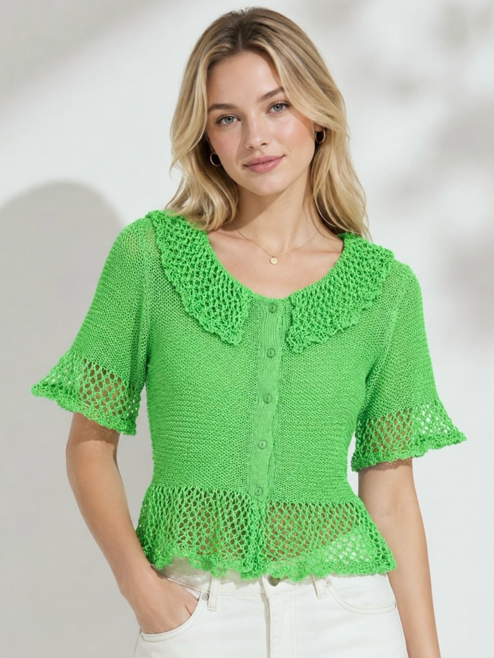 ZARA Knit Cardigan Peplum Crochet Textured Front Buttons Elbow Sleeve Collared